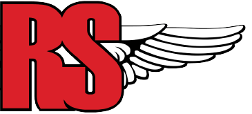 Rollos Logo with a red R and S with white wing coming off the letters on the right.